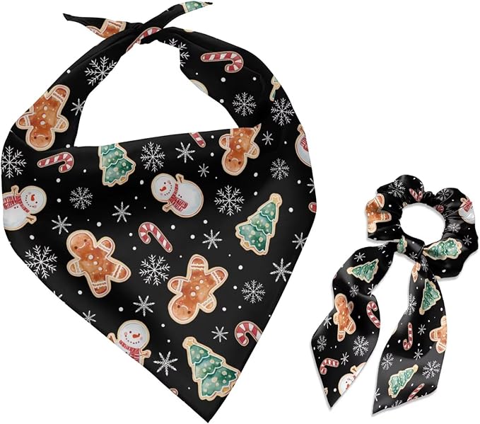 COEQINE Small Dog Bandanas Christmas Bandana for Dogs with Black Pink Hair Tie for Women Holiday Costume Gingerbread People Black Xmas Decor Pattern Triangle Bibs Scarf Accessories