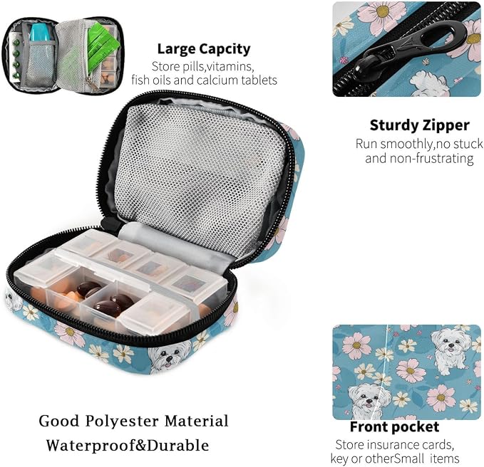 Fustylead Cute Cartoon Maltese and Daisy Flowers Pill Organizer Travel Bag, Small Portable Pill Case Cute for Vitamin Fish Oil Supplements Medicine Organizer with Zipper