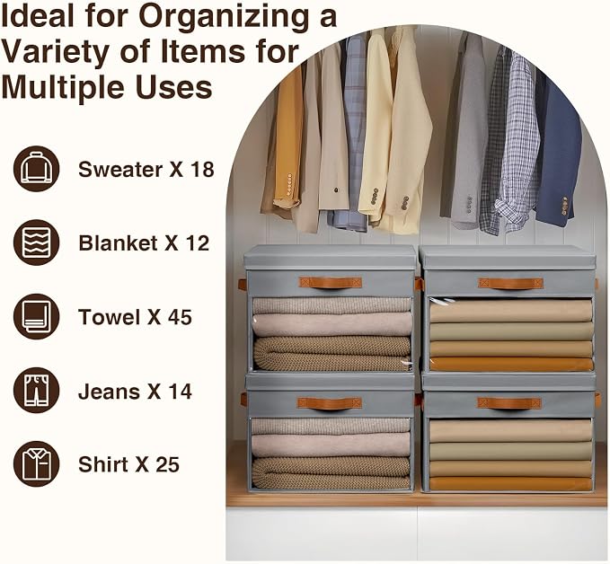 Large Storage Bins with Lids - 4 Pack Foldable Decorative Organizers with Clear Windows & Handles, Cube Storage Organizers for Clothes, Blankets, Sweaters, Sheets, Grey