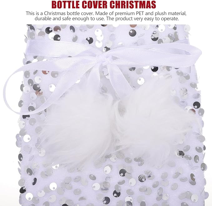 HOLIDYOYO Christmas Wine Bottle Bag Silver Plush with Glitter Sequin Decoration for Wine Bottle Storage and Holiday Table Christmas Decoration at Home