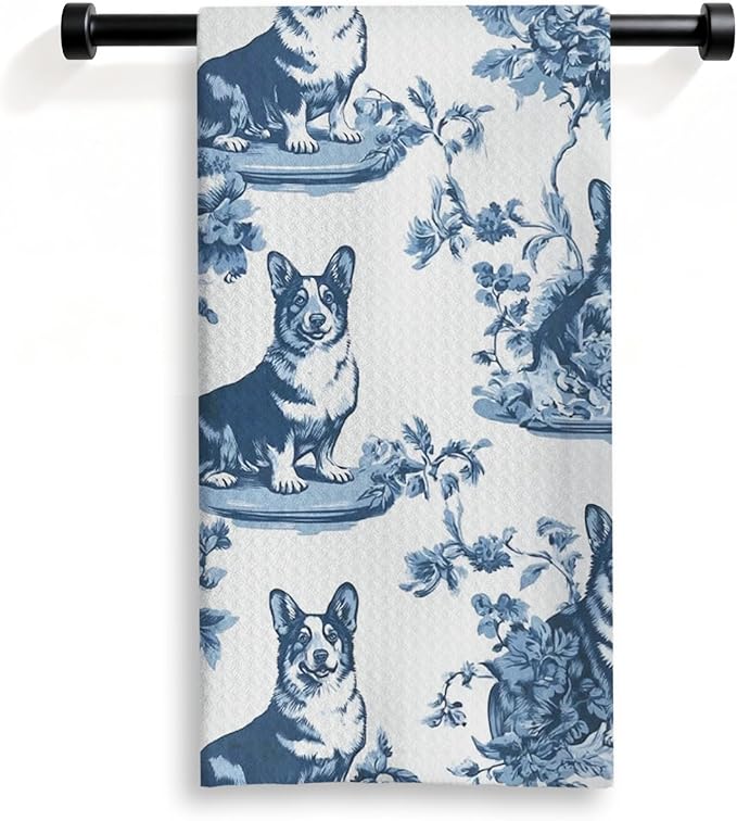 Corgi Kitchen Dish Towels,Blue and White Floral Dog Towel Dish Tea Towels, Chinoiserie Decor for Kitchen Bathroom,Corgi Gifts for Dog Lover Mom Dad,16x24 Inch