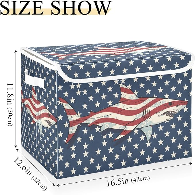 Fabric Storage Bins with Lid Patriotic Flag Shark Closet Storage Basket 40L | Decorative Storage Boxes, Foldable & Stackable, Dust-Proof Flip Top, Reinforced Handles, For Home & Dorm, Clothes & Toy Box