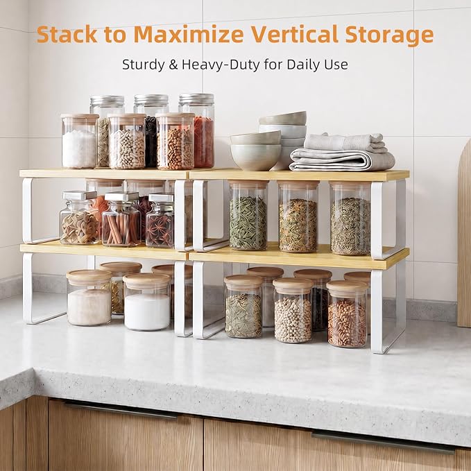 LAMU Cabinet Organizer Shelf, Set of 4 Expandable Kitchen Counter Shelve Plate Organizer for Cabiner, Stackable Spice Rack, CupBoard Organizers and Storage, Wood