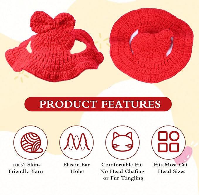 Bow Cat Hat, Cotton & Soft Cute Knitted Hats for Cats Birthday Party Spring Puppy Hat for Small Pets (Red, M)