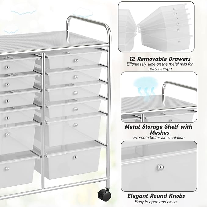 12 Drawer Rolling Storage Cart, Art Cart Organizer on Wheels, Mobile Utility Cart with Drawers, Multipurpose Craft Drawers for Home Office School Classroom (Clear)