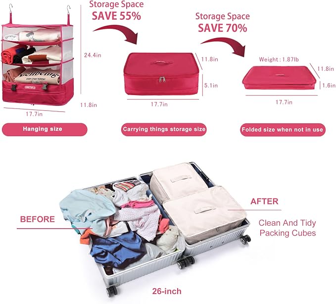 TABITORA Portable Hanging Travel Shelves Bag Packing Cube Organizer Suitcase Storage Large Capacity