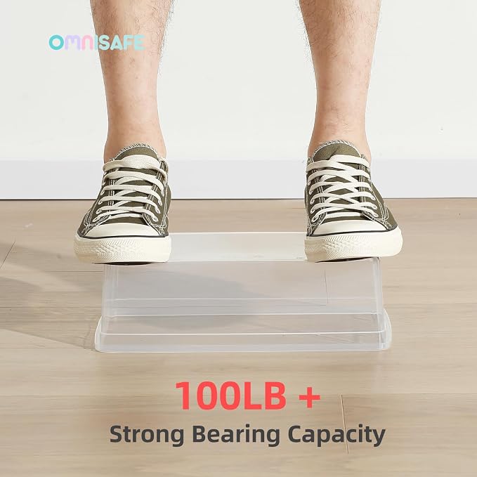Stackable Plastic Storage Shoebox, BPA-Free Nestable Container with Latching Lid to Organize Shoes, See-Through Box for Home and Office, Multi-Purpose Storage Case, Clear Bins (6 Pack 6 Quart)