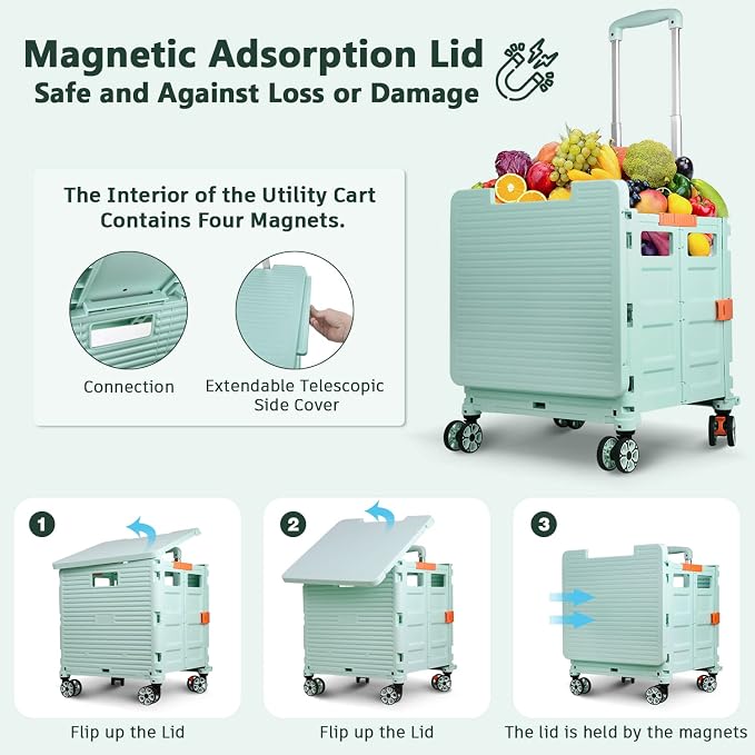 Foldable Utility Cart Collapsible Portable Crate Rolling Carts with Wheels Tote Basket with Magnetic Lid Telescopic Cover Wear-Resistant 360°Rotate Wheel Noiseless for Shopping Storage Office Use
