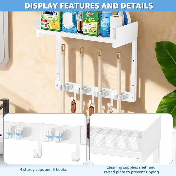 Mop Broom Holder Wall Mount with Top Shelf, Broom Organizer Wall Mount | 15inch,Mop Broom Wall Hanging Heavy Duty Tools Storage Rack Space-Saving for Garage,Kitchen,Laundry Room
