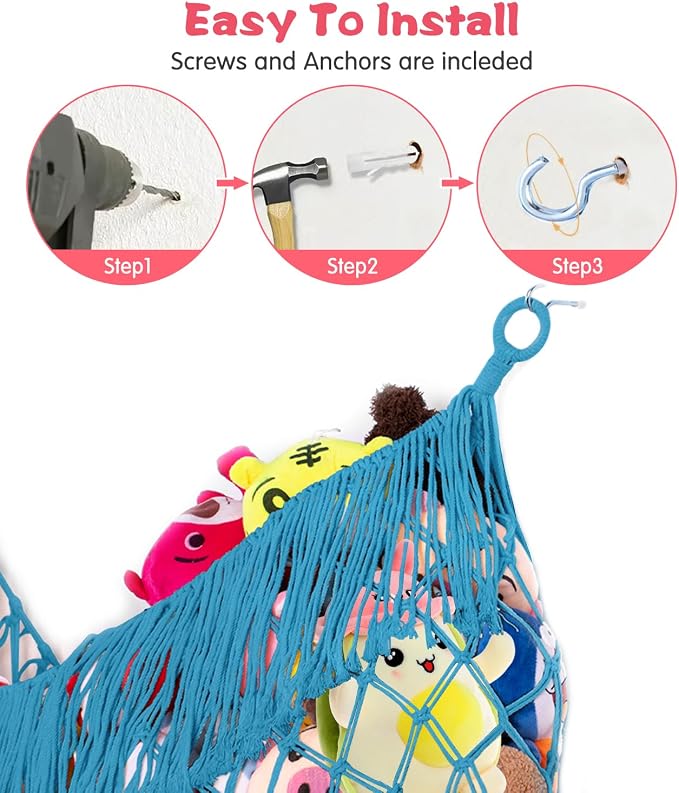 Stuffed Animal Hammock - Extra Large 56'' Long (Peacock blue) | Premium Cotton Hand-knitted, Beautiful Long Tassel, Storage Hanging Organizer, Can Fit Stuffed Animals 30 Piece or More