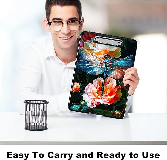Peony Dragonfly A4 Clipboard with Storage Pen Holder, Clipboards Organizer Nursing Clipboard Foldable File Folder Plastic Clipboard Folio Clip Board for Office Students Classroom Doctor