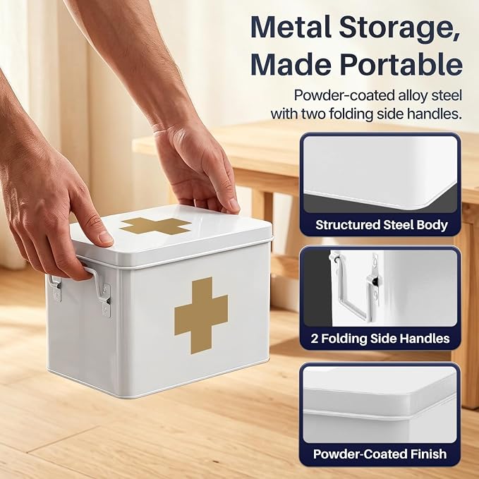 Flexzion Large Metal First Aid Box Empty, 8.5-Inch, White with Gold Cross | Vintage Medicine Box and First Aid Storage Organizer with Removable Tray and Dividers; Empty Box Only, Supplies Not Included