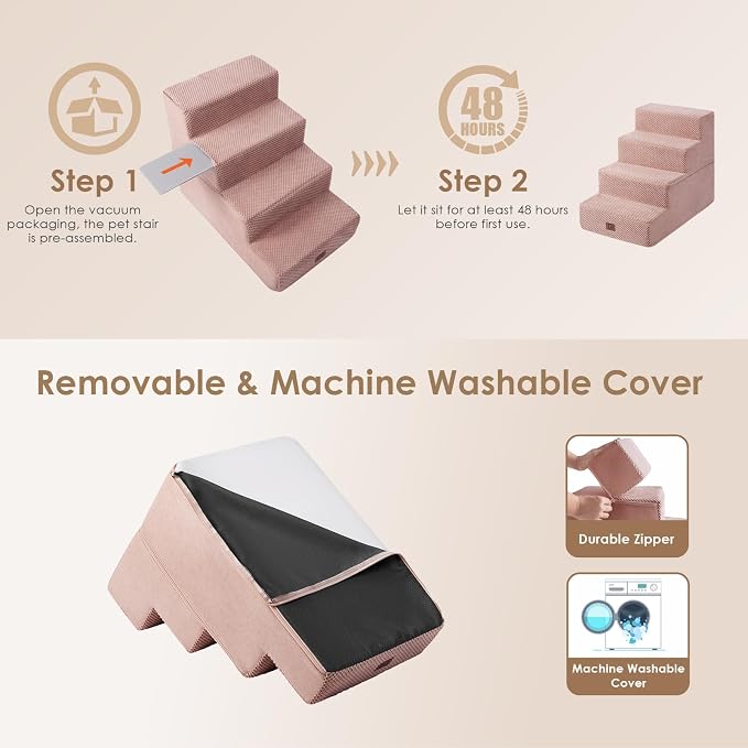 EHEYCIGA Dog Stairs for Bed 18" H, 4-Step Dog Steps for High Bed, Pink | Pet Steps for Small Dogs and Cats, Non-Slip Balanced Pet Ramp Indoor