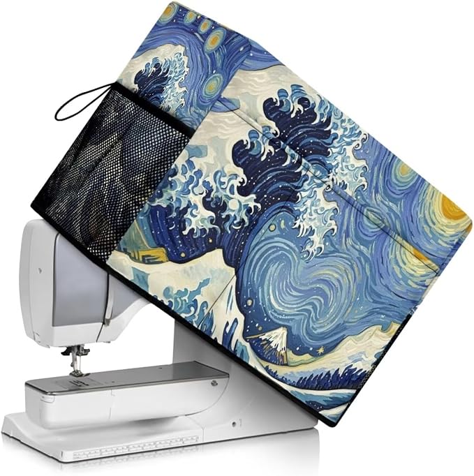 Customized The Great Wave Sewing Machine Cover - Inspired by V-Gogh's Starry Night, Fits Standard Singer, Brother and Janome Machines, Protecting & Decorating Your Sewing Space (Blue)
