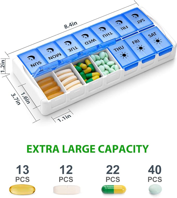 Weekly Pill Organizer 7 Day 2 Times a Day Extra Large, Quick Fill 2020 Fullicon AM PM XL Daily Pill Cases Pill Box with Detachable Base - White/Blue (Patent Registered) (Pack of 2)
