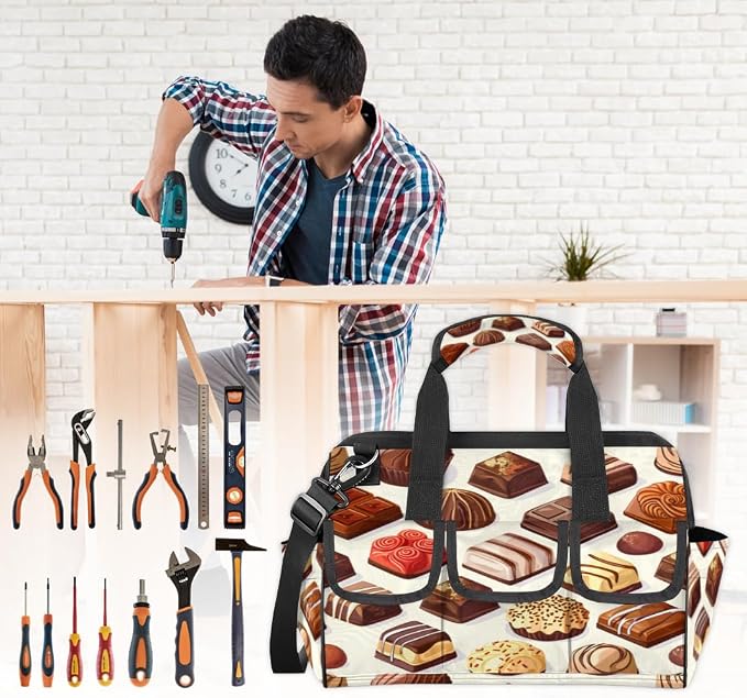 Chocolate Heavy Duty Tool Bag 14.8 Inch Food Portable Soft Tool Box Organizer Storage with Adjustable Shoulder Strap