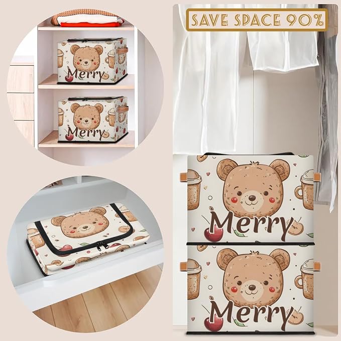 Custom Cute Bear Storage-Bin With Zipper Lid for Kids-Girls-Boys-Baby-Pet,Personalized Name Foldable Storage Box with Handle,Baby Basket With Label for Bedroom Nursery Toy Clothes,Light Yellow