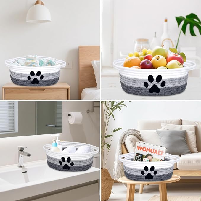 ABenkle Small Woven Basket with Handle, Cute Dog Paw Baskets for Gifts Empty, Decorative Rope Woven Storage Dog Toy Basket, Nursery Baskets for Baby Shower, 12" x 8" x 5"