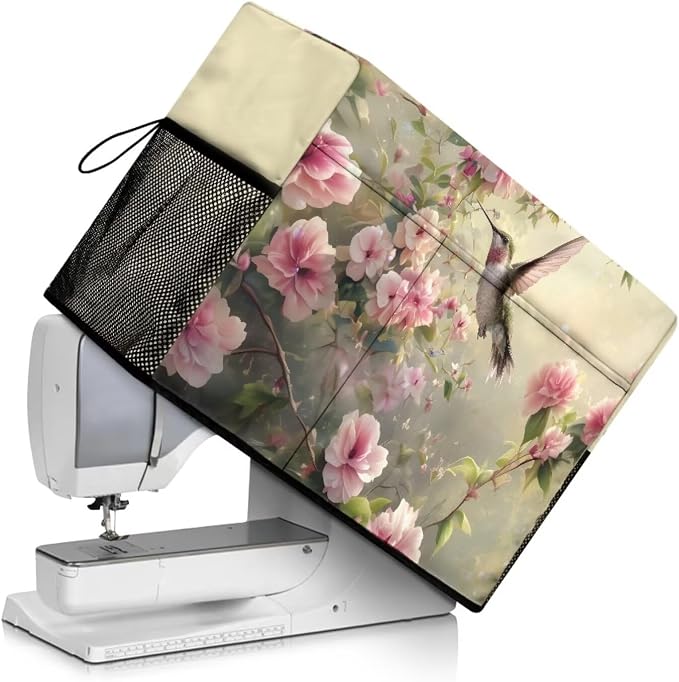 Hummingbird Flower Patterned Sewing Machine Cover Fit Standard Sewing Machines, Features a Convenient Mesh Pocket for Accessories, Adds a Touch of Spring Flair to Your Sewing Space