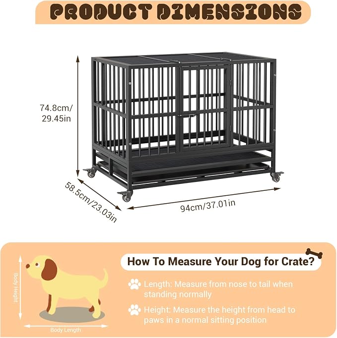 GarveeLife 38inch Heavy Duty Dog Crate, Foldable Indoor Dog Cage with Double Door, 360° Lockable Wheels and Removable Tray, Easy to Clean and Assembly，for Small Medium Dogs
