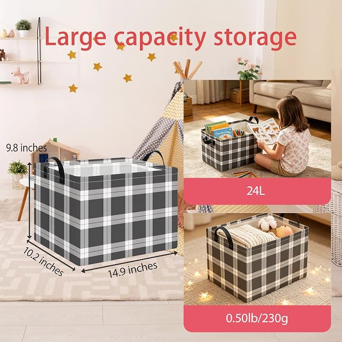 NTAOHAMPER Rectangular Storage Basket Empty,Storage Bin with Handles,Room Decor,Gift Basket,Book Box(Black Grey White Plaid)