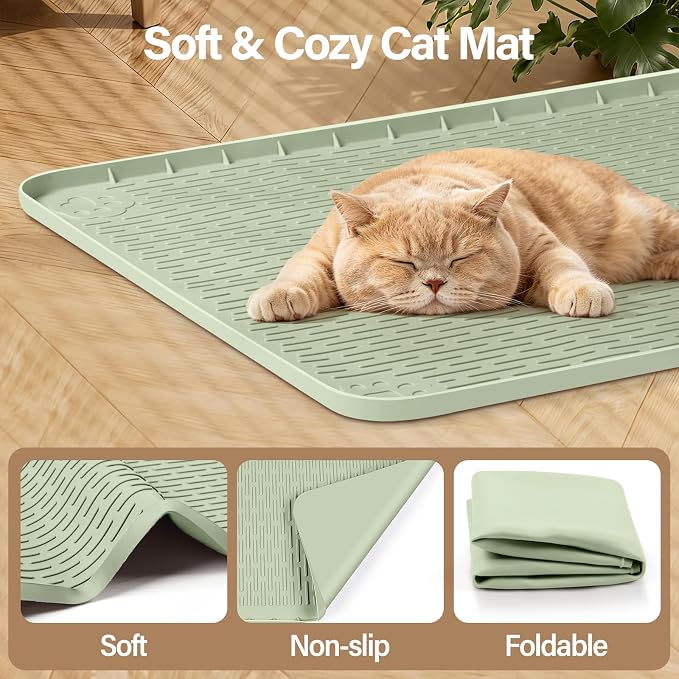 Silicone Cat Bed Mat 34"x22" Pet Crate Mat for Cat Cage, Green | Extra Large Cat Sleeping Mat, Non-slip, Washable, Waterproof Pet Bed Mat with Raised Edge, Pet Playpen Mat to Protect Floors