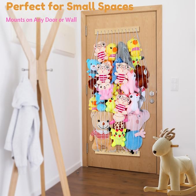 Stuffed Animal Storage Hammock Wooden Plush Toy Organizer for Kids Room Décor, Playroom Nursury Plush Toys Storage Caddy, Decoration Wall Hanging Stuffed Animal Net or Hammock Corner