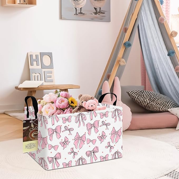Rectangle Foldable Storage Basket Handles For Home, Pink Bow | Waterproof canvas material, reinforced handles, perfect for shelf use, organizes clothes, daily items and pet supplies