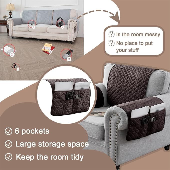 Water-Resistant Sofa Armrest and Headrest Covers with Side Pocket | Keep remotes close quilted polyester helps guard against wear, pet scratches, and kids' messes silicone backing adds grip