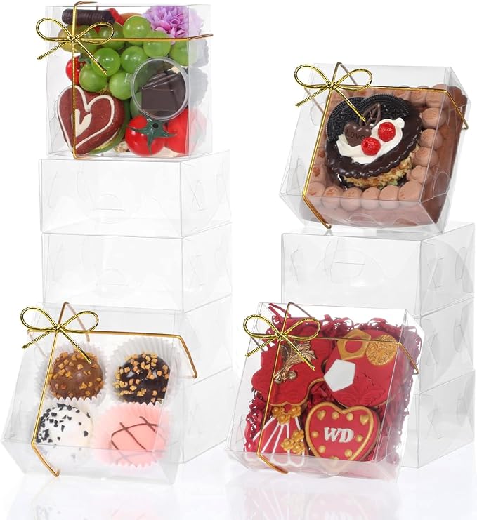 RomanticBaking 15PCS 5x5x2 Inches Full Clear Gift Boxes Party Wedding Favor | Clear Treat Boxes for Cookies,Mini Bundt, Cake,Pie ,Cinnamon Roll, Chocolate Truffle,Chocolate Covered Strawberries