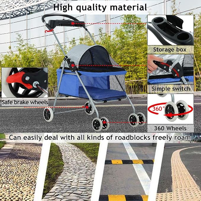 Dog Stroller Pet Stroller Cat Strollers Jogger Folding Travel Carrier Durable 4 Wheels Doggie Cage with Cup Holders 35Lbs Capacity Waterproof Puppy Strolling Cart for Small-Medium Dogs, Cats - Blue