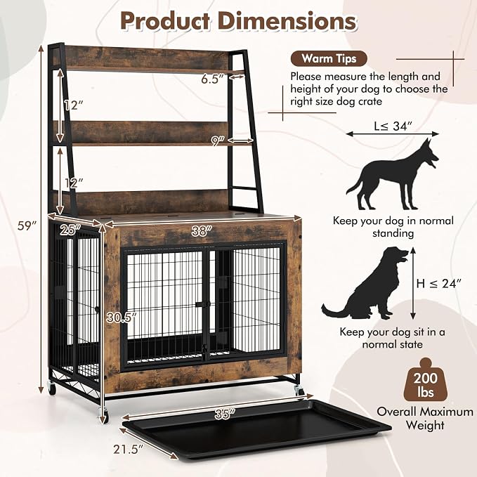 PETSITE Portable Dog Crate Furniture with Storage Shelves, 59 Inch Wooden Dog Kennel with Flip-up Top, 3 Lockable Doors and Removable Tray, Ideal for Small to Medium Dogs (Rustic Brown)