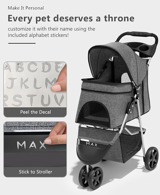 OS MOTOR 3 Wheels Pet Stroller for Small Medium Pets, Gray | Foldable Carrier Jogger, Rear Wheel Breaks, Storage Basket, Visible Mesh Weather Cover, Portable, Dog, Cat, Puppy, Kitty