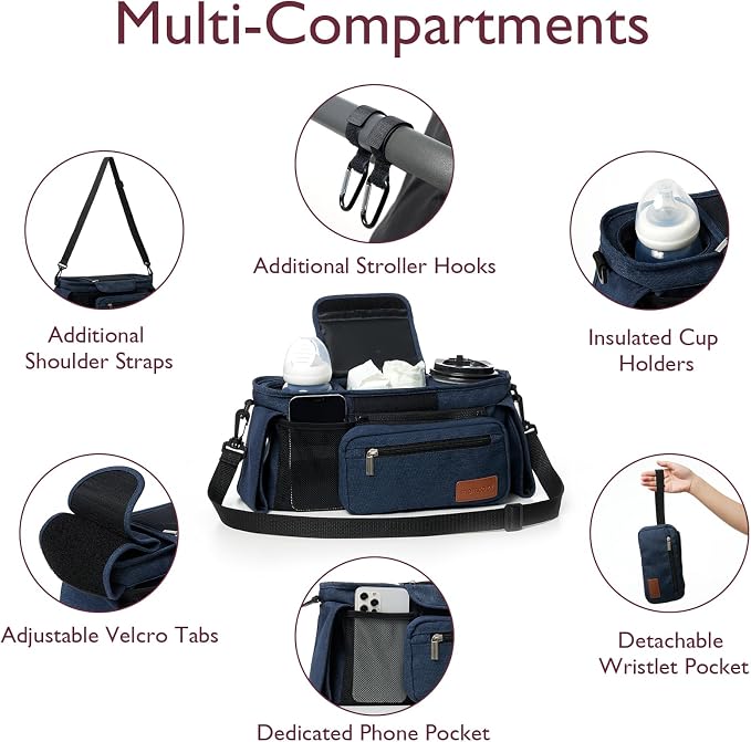 Momcozy Universal Stroller Organizer with Insulated Cup Holder | Detachable Phone Bag and Shoulder Strap, Fits for Uppababy, Baby Jogger, Britax, BOB, Umbrella, and Pet Strollers