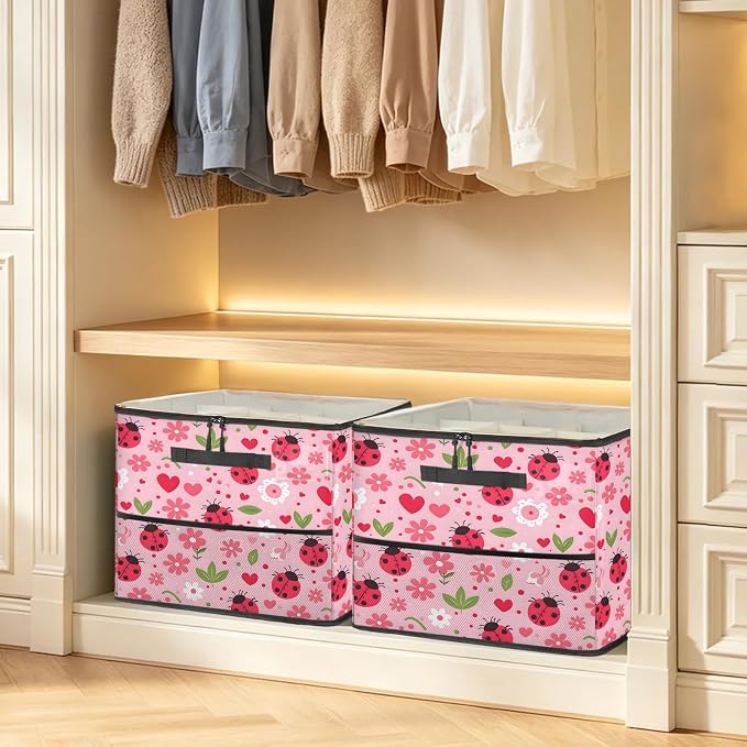 TropicalLife Floral Ladybugs Shoe Organizer for Closet | Foldable Shoe Storage Box Bin 16-32 Pair Shoe Storage for Sneakers, Boots & Heels with Adjustable Dividers, Clear Cover
