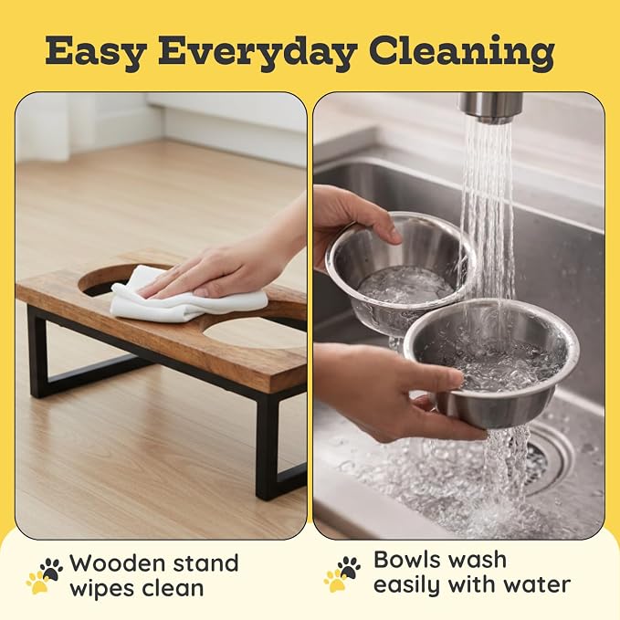 Elevated Dog Bowls, 4” Small Dogs & Cats Raised Bowl Mango Wood Stand, Food & Water 2 Stainless Steel Dishes Each 16oz/2Cup Capacity, Non-Slip Pet Feeder Station in Brown for Toy Breeds
