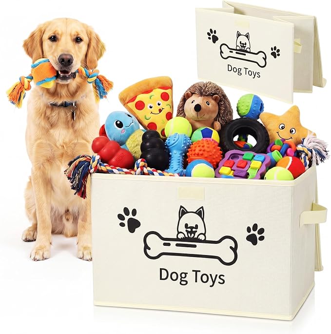 Novabright Dog Toy Basket with Lid Foldable Dog Toy Storage Bin with Clear Window Large Pet Storage Box with Handles for Pet Essentials Organization, 14.9 x 9.8 x 9.8 Inch(Beige)