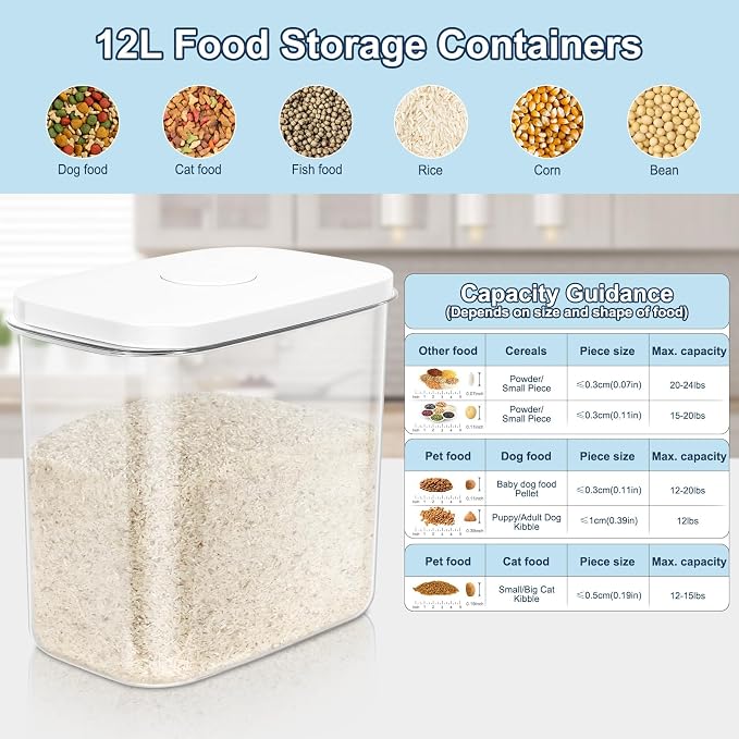 LEAWALK Airtight Rice Storage Container, Cereal Dry Food Flour and Sugar Bin, Dog Cat Food Dispenser with Measuring Cup, BPA Free Clear Plastic Kitchen (White, 12L-1pack)