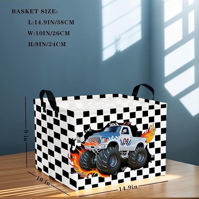 Racing Car Storage Basket Monster Truck Toy Book Shelf Basket Kid Room Decor Gift (Black and White Checkered)
