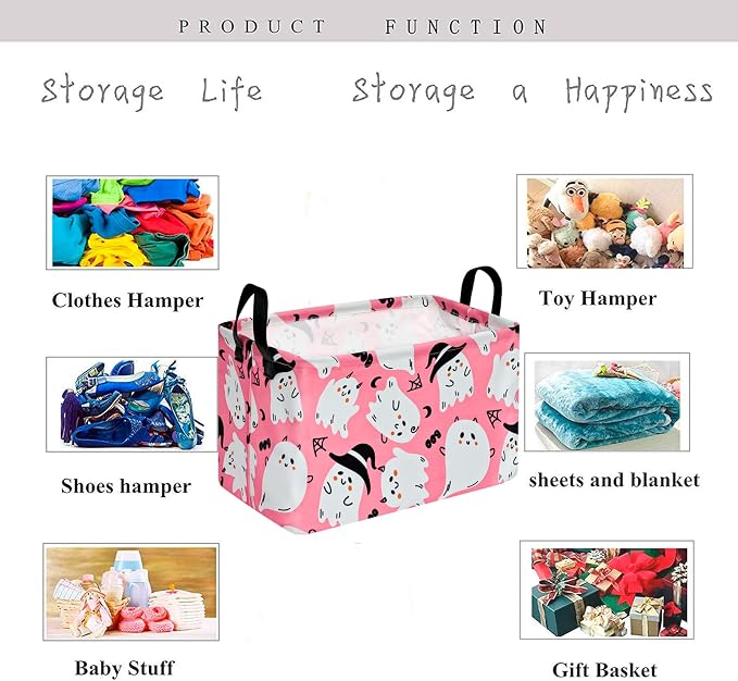 Halloween Pink Ghost Storage Basket Gift Shelf Basket Storage Bin, Toys Nursery Basket Organizer Box for With Handles for Room Deco
