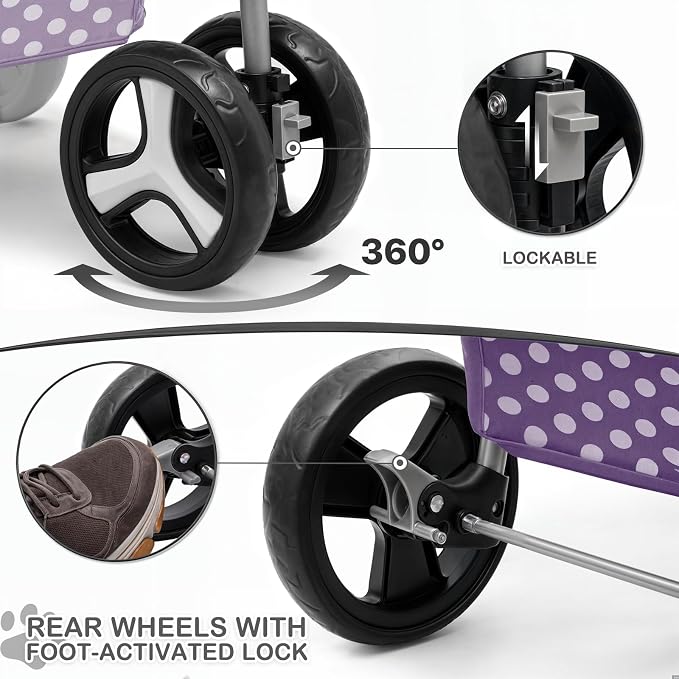 MoNiBloom Pet Stroller for Small/Medium Dogs and Cats, Purple Polka Dots | Foldable Dog Stroller 3 Wheels Pet Strolling Cart w/ Storage Basket Cup Holder, Breathable and Visible Mesh for All-Season