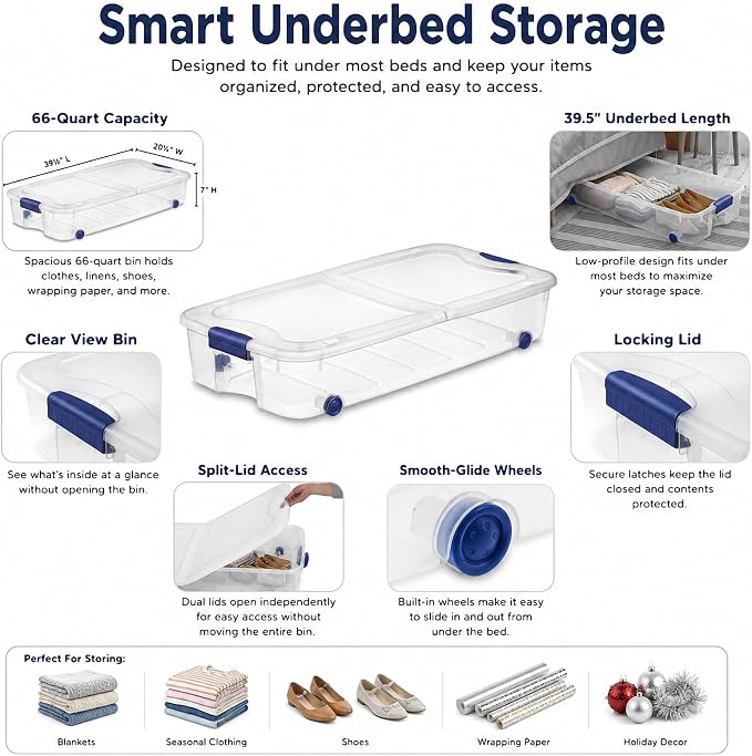 66 Qt Under Bed Storage Container, Wheeled Clear Latching Lid(2-Pack) | High capacity plastic, smooth gliding rollers, space saving clothing linens organizer, dorm wardrobe accessory