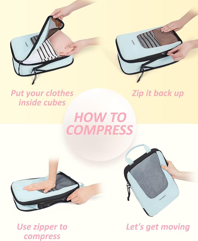 Bagsmart Compression Packing Cubes, Travel Bag Cruise Ship Essentials | Lightweight, Compressible Suitcase Organizer Set fit Standard Carry-On & Checked Luggage, 6 Set, 14 Set Washable Packing Bags