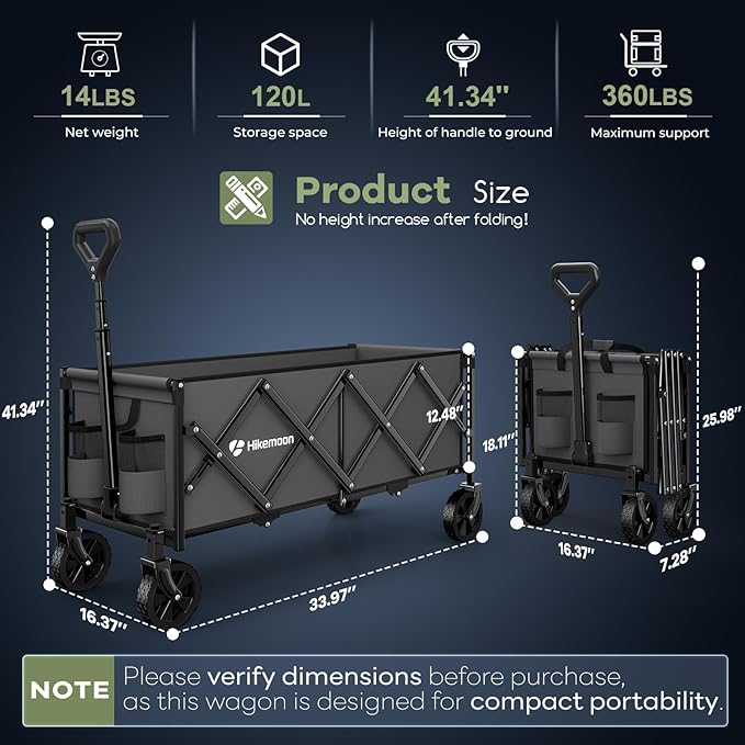 34'' Extra Long Folding Portable Wagon Cart, 120L 360LBS Grey | Wagons Carts Foldable, Heavy Duty, Collapsible Compact Storage, Utility for Shopping/Grocery/Garden/Camping/Sports