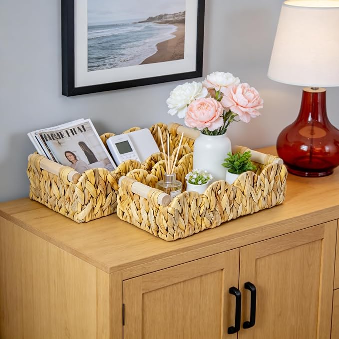 Decorative Toilet Paper Storage Basket, Modern Farmhouse Home Decor Scalloped Basket for Organizing, Pantry Baskets for Shelves, Countertop, Living Room, Wood Handles, Natural Water Hyacinth (2pack）