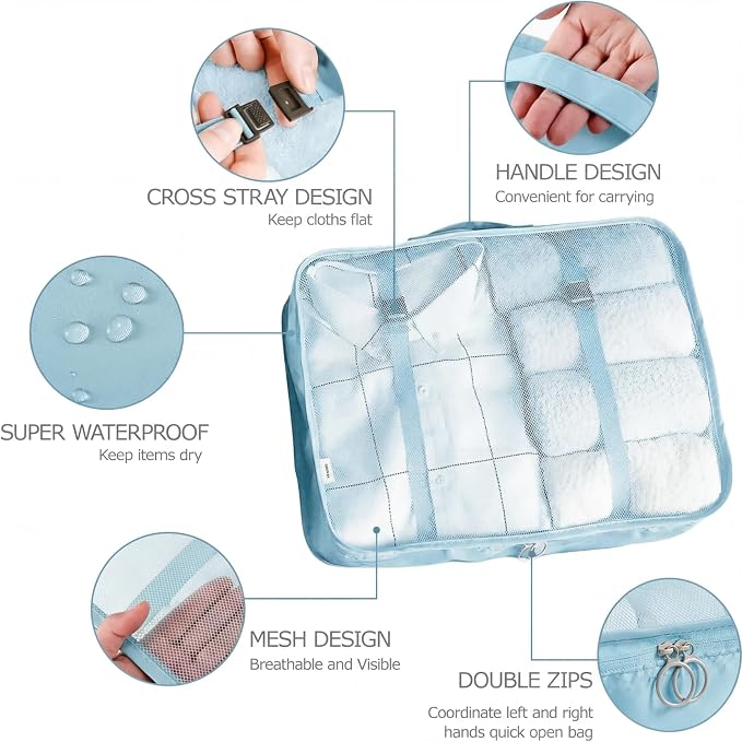 LANSKLBD 6/8 Set Packing Cubes for Suitcases Travel Luggage Packing Organizers,Travel Accessories Essentials Luggage Organizer with Shoe/Tioletry/Laundry Bag (Light Blue, 6 set)