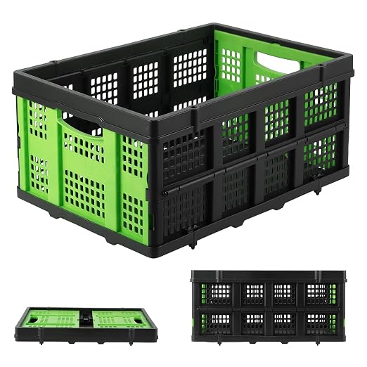 Garvee Collapsible Crate, 55L Foldable Plastic Milk Storage Crate, Green | Heavy Duty Stackable Plastic Crates Folding Storage Baskets for Groceries, Moving, Camping & Car Storage