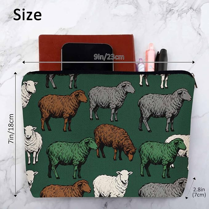 Women Cosmetic Bag Sheep, Farm Animal Sheep Cute Makeup Bag For Purse Cosmetic Travel Bag For Toiletries Makeup Storage Bag Flax Skincare Bag Make Up Pouch Bags Green