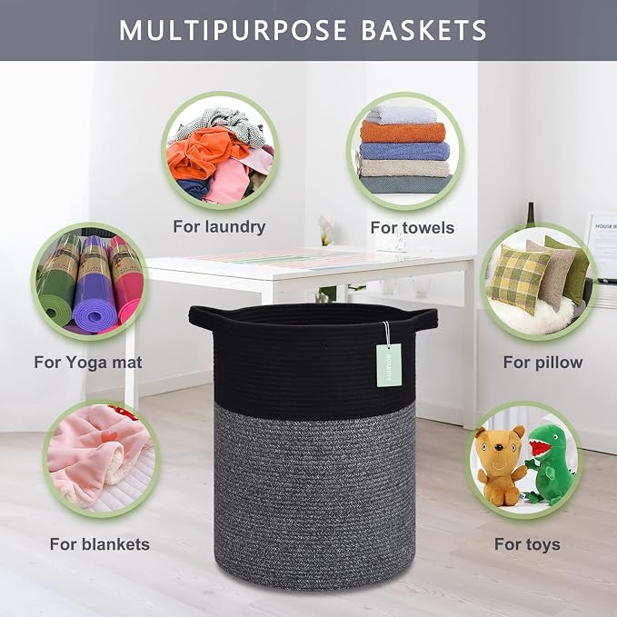 Cotton Rope Blanket Basket, 72L Tall Laundry Hamper, Black & Gray