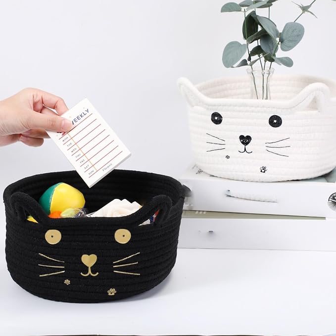 Zopeal Cat Storage Basket Woven Organizer with Ears Decorative Gift Cute Cotton Rope Pet Toy Basket for Gift Cat Dog Toy Bin Nursery Room(8.3 x 4.7 Inch,Black)